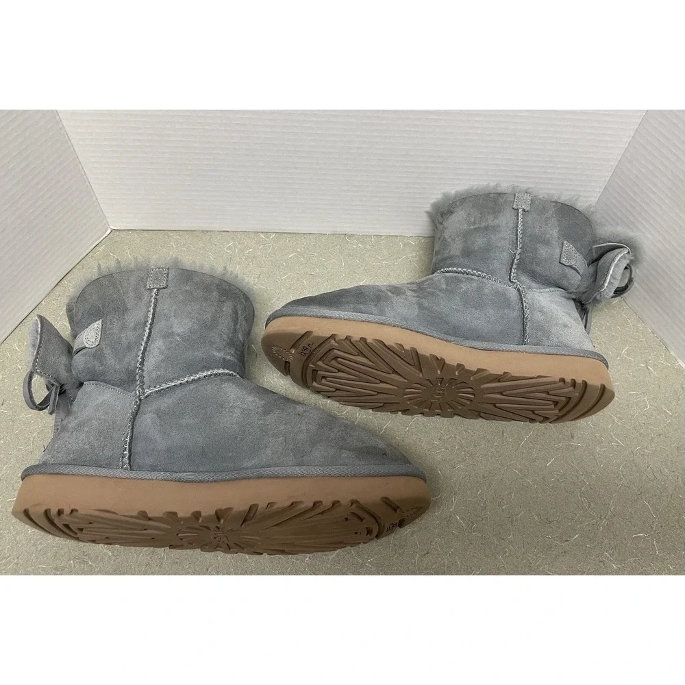 UGG Classic Double Bow Mini‎ Geyser Water Resistant Boot Gray Shearling Lined 7